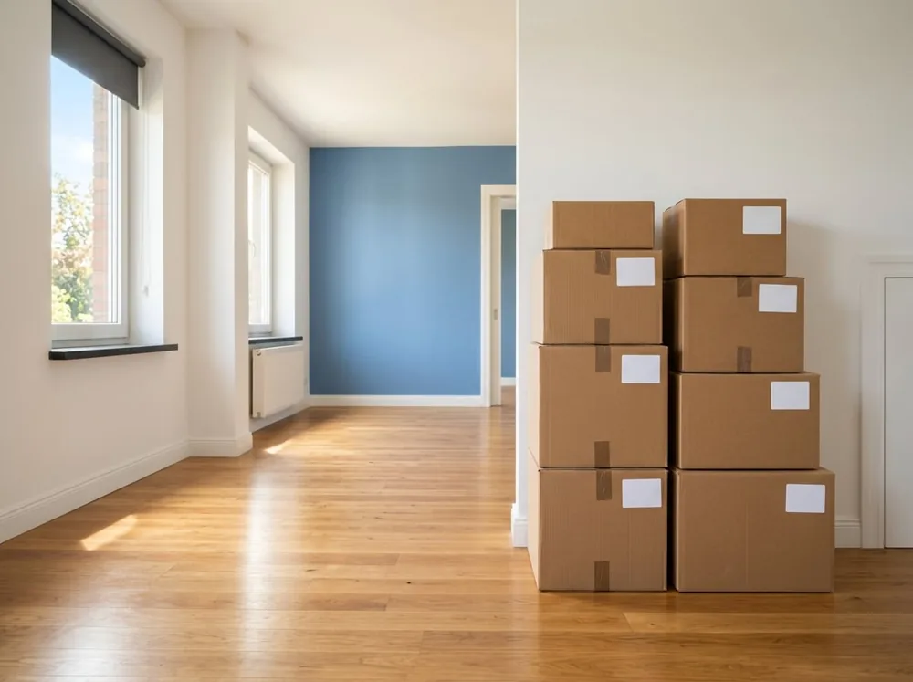 Neatly stacked moving boxes in an emptied room during an estate clean out