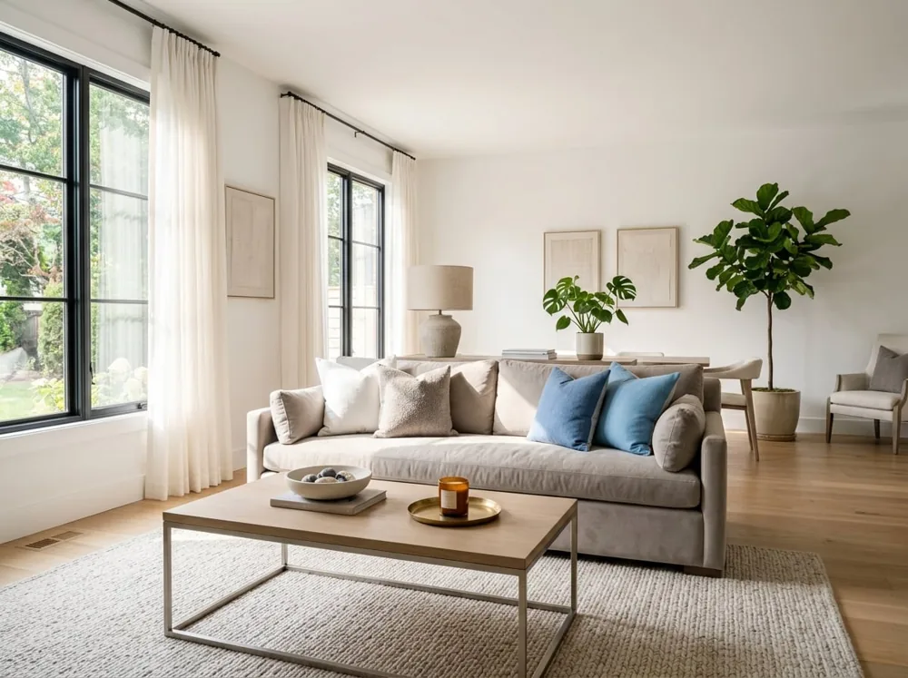 Professionally staged contemporary living room with blue accent cushions