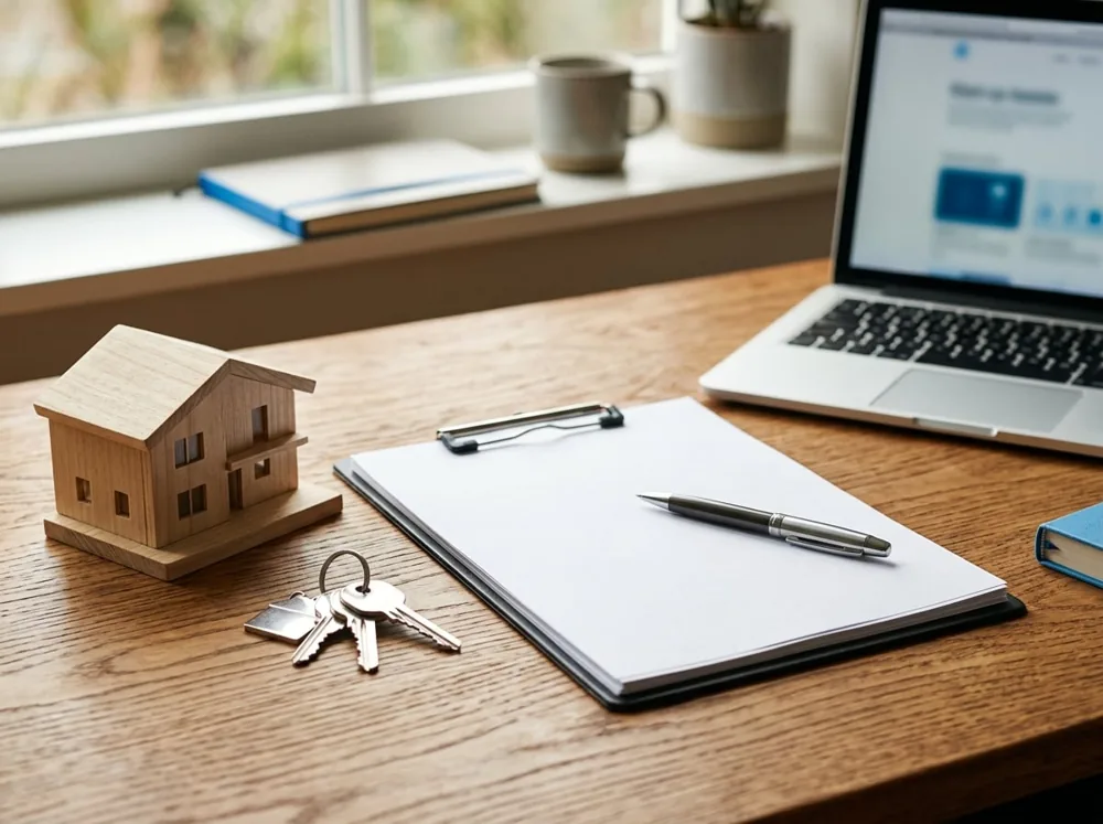 Desk with a model house, keys and paperwork representing a home sale